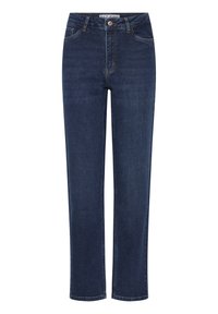 Mørkeblå jeans med lige ben, fem lommer, knap- og lynlåslukning samt bæltestropper.