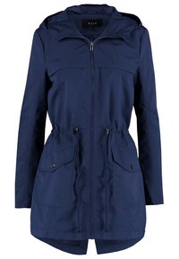 Veste bleu marine mi-longue avec capuche, dotée d'une fermeture éclair, de deux poches avant et d'un cordon de serrage ajustable à la taille pour une coupe ajustée.