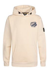 Sudadera con capucha beige que presenta un cordón en la capucha, bolsillo frontal y texto gráfico en azul marino en el pecho. Puños y dobladillo acanalados.