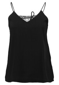 Top senza maniche nero con scollo a V e dettagli in pizzo sul colletto. Realizzato in tessuto leggero, offre una vestibilità comoda e una superficie liscia.