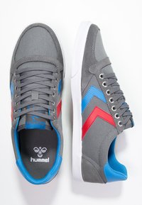 Gray canvas sneakers with blue and red chevron accents, white rubber sole, and gray laces. Features a padded collar and branded insole.