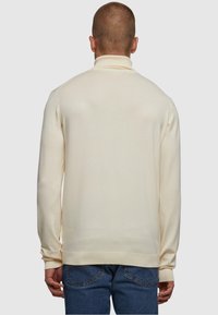 Cremefarbener Pullover mit hohem Kragen, gerippten Bündchen und Saum, aus weichem Strickstoff. Trägt eine blaue Jeans, von hinten betrachtet.