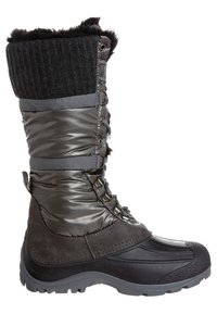 voděodolná zimní bota s lesklým šedým svrškem, texturovaným černým pleteným lemem, šněrováním vpředu s kovovými háčky a odolnou gumovou podrážkou.