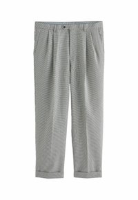 Pantalon de costume gris à carreaux avec passants pour ceinture, plis devant, poches latérales, fermeture par boutons et ourlets retroussés.