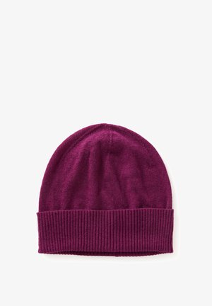Knitted beanie hat in rich purple. Soft texture with a ribbed cuff at the base. Rounded top with slight stretch for comfort.