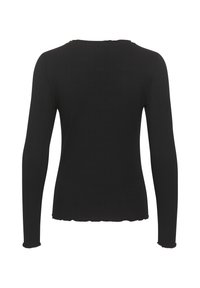 Maglietta a maniche lunghe nera con un design aderente. Presenta un collo rotondo e orli sfilacciati ai polsini e sul fondo. Tessuto morbido.