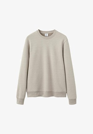 Jasnoszara bluza wykonana z miękkiego materiału, z okrągłym dekoltem, długimi rękawami i prostym dołem, bez wzorów i ozdób.