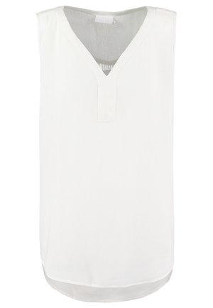 White sleeveless tunic with a V-neckline, featuring a slightly longer back hem, smooth texture, and minimalistic design.