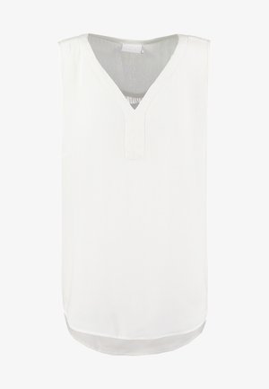 White sleeveless tunic with a V-neckline, featuring a slightly longer back hem, smooth texture, and minimalistic design.