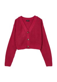 Cardigan a V in misto con maniche lunghe, di un ricco colore rosa. Presenta una texture lavorata a maglia, cinque bottoni sulla parte anteriore e orli e polsini a costine.