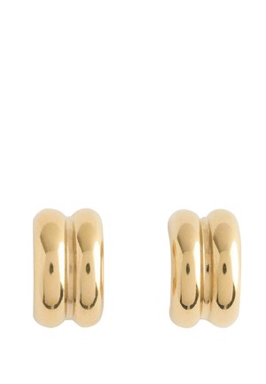 Pair of shiny gold metal hoop earrings with a thick, rounded double-band design on a white background.