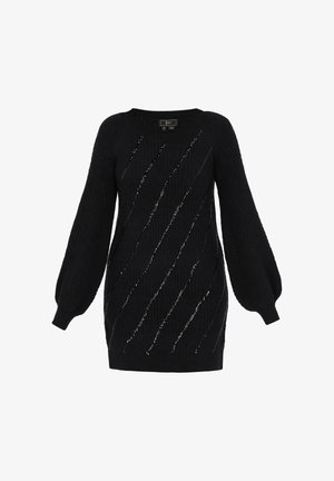 Black knitted sweater with a crew neck, long puff sleeves, diagonal shimmering stripes, and a textured pattern throughout.