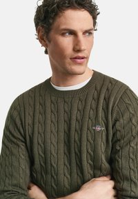 Maglione lavorato a maglia verde oliva con un motivo a treccia testurizzata, colletto a girocollo a coste e un piccolo logo ricamato sul petto.
