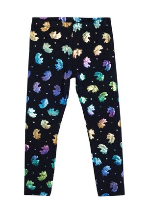 Schwarze Leggings mit mehrfarbigen, metallischen Einhörnern und Blättern, versehen mit kleinen Punkten in verschiedenen Farben auf dem Stoff.