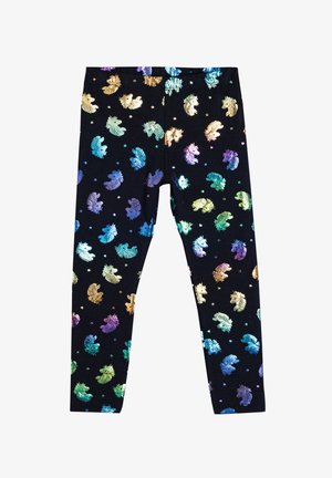 Zwarte legging met multigekleurde metallic eenhoorns en bladeren, met kleine stippen in verschillende kleuren door de stof.