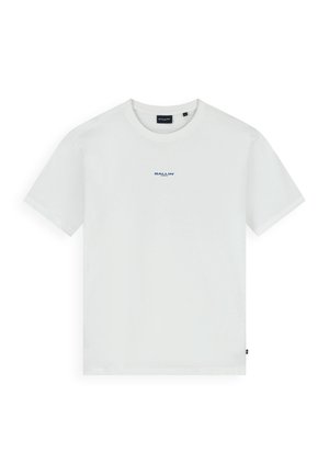 Wit T-shirt met korte mouwen en ronde hals, met een klein, centraal geplaatst "BALLIN"-logo in donkerblauwe tekst op de borst.