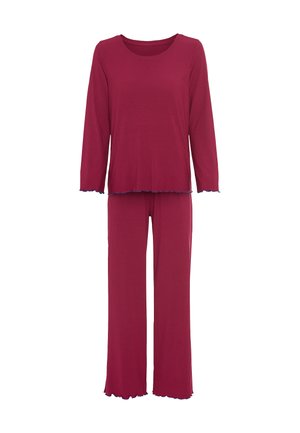 Ribované, dlhé rukávy, bordové pyžamo obsahujúce okrúhly výstrih a rozšírené nohavice s vlnitými okrajmi. Mäkka textúra a pohodlný strih.