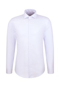 Camicia da uomo slim-fit a maniche lunghe di colore bianco con chiusura a bottoni e colletto classico su uno sfondo semplice.