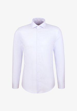 Witte slim-fit lange mouw herenoverhemd met knoopsluiting en klassieke kraag op een effen achtergrond.