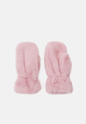 Rosa faux fur votter med myk tekstur, rund form og samlet håndleddsdetalj for en tettsittende passform. Passer for kaldt vær.