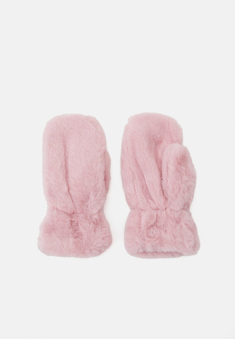 Moufles en fausse fourrure rose avec une texture douce, une forme arrondie et un détail de poignet froncé pour un ajustement confortable. Convient aux temps froids.