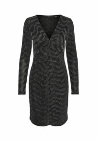 Vestido negro con mangas largas, escote en V y patrón texturizado. Ajuste ceñido al cuerpo con un dobladillo ligeramente curvado y un brillo sutil en todo el tejido.