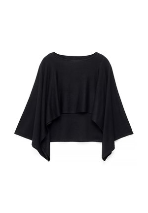 Črno skrajšano pončo majica z širokimi, tekočimi rokavi. Iz mehke, gladke tkanine, s zaobljenim izrezom in sproščenim krojem.