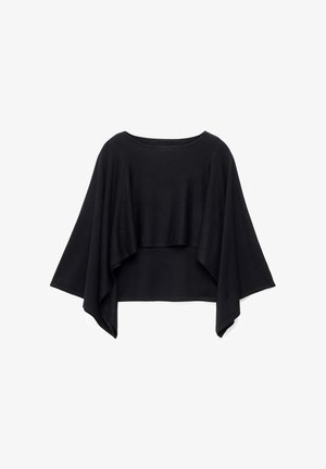 Črno skrajšano pončo majica z širokimi, tekočimi rokavi. Iz mehke, gladke tkanine, s zaobljenim izrezom in sproščenim krojem.
