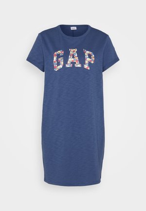 Marineblaue T-Shirt-Kleid aus weichem Stoff mit dem Wort "GAP" in farbenfrohem Blumenprint auf der Vorderseite. Kurzärmlig und mit lockerem Schnitt.