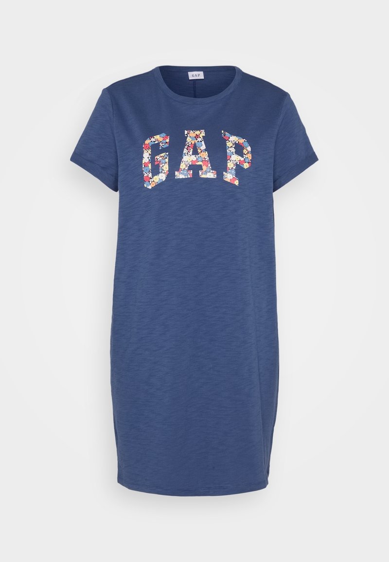 Robe t-shirt bleu marine en tissu doux avec le mot "GAP" imprimé en motif floral coloré sur le devant. Manches courtes et coupe décontractée.