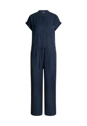 Krótki kombinezon w kolorze granatowym z guzikami z przodu, kieszeniami na piersiach, paskiem w talii i szerokimi nogawkami.