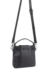 Zwarte leren emmer tas met een verwijderbare, verstelbare schouderband. Kenmerkt zich door een getextureerd oppervlak en twee buitenaccenten. Compacte en gestructureerde vorm.