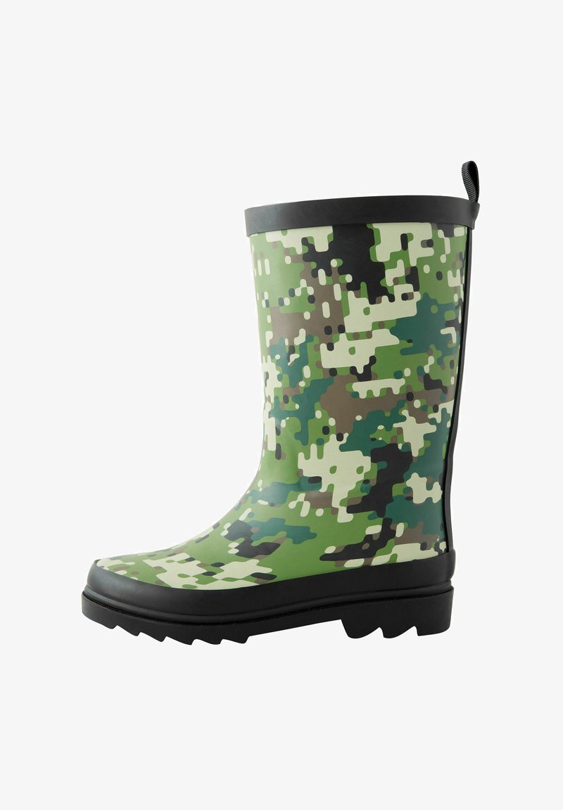 Grüner und schwarzer digitaler Tarnregenstiefel mit schwarzer Sohle und Zuglasche hinten.