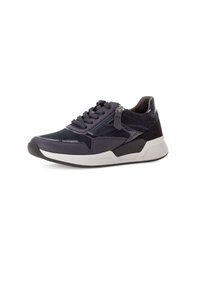 Sneaker made of navy-blue leather and suede, featuring a textured accent, laces, and a side zipper. Thick, contrasting white sole.