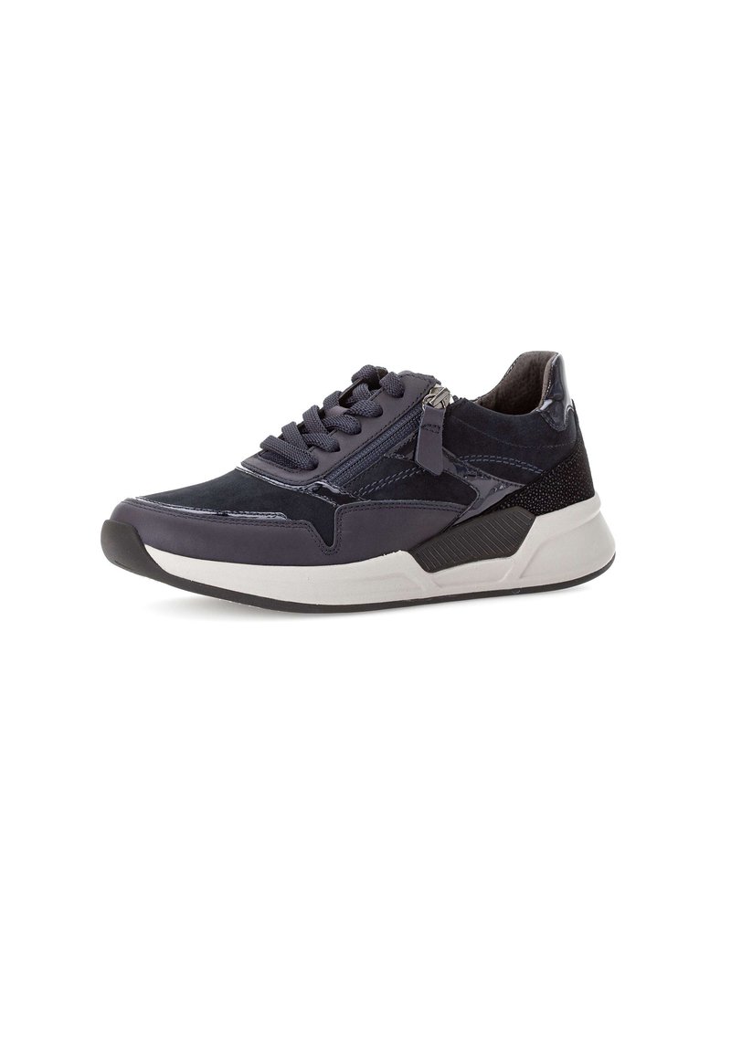 Sneaker made of navy-blue leather and suede, featuring a textured accent, laces, and a side zipper. Thick, contrasting white sole.
