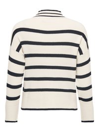 Krämfärgad tröja med marinblå horisontella ränder, ribbad textur och krage. Har långa ärmar och en avslappnad passform som slutar vid midjan.