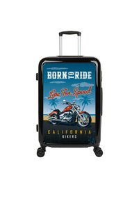 Maleta rígida negra con un gráfico de motocicleta, fondo azul y texto "Born to Ride" y "Live For Speed". Cuatro ruedas giratorias.