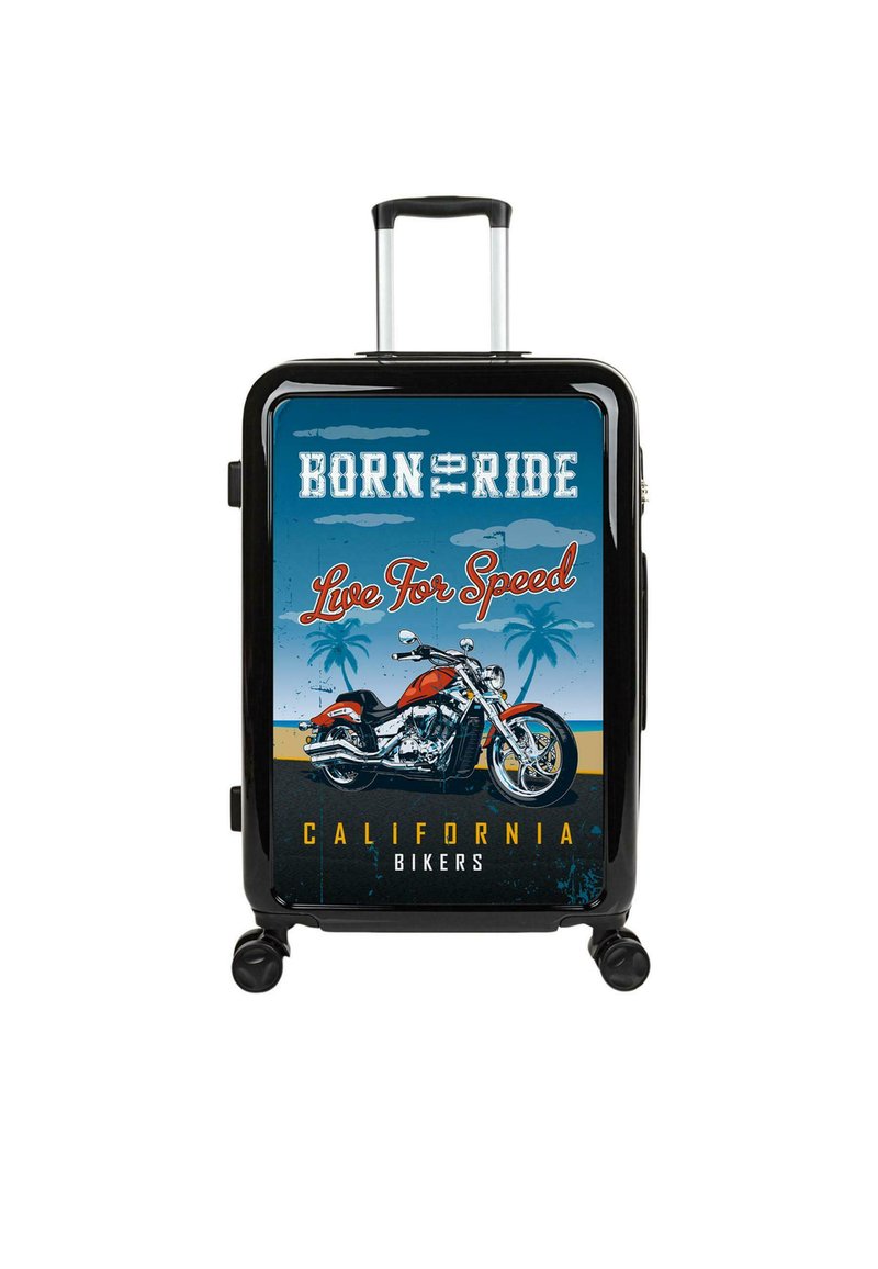 Maleta rígida negra con un gráfico de motocicleta, fondo azul y texto "Born to Ride" y "Live For Speed". Cuatro ruedas giratorias.
