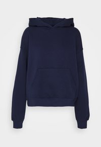 Felpa con cappuccio blu navy dotata di tasca frontale, maniche larghe e polsini a coste. Tessuto morbido con una trama liscia.