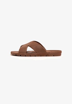 Brown slide sandals with cross-toe straps, textured material, flat sole with grooves, and open design for breathability.