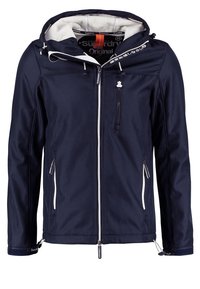 Giacca blu navy con interno morbido, chiusura frontale con zip, due tasche laterali e cappuccio regolabile. Presenta dettagli bianchi a contrasto e logo.