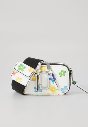 White crossbody bag with a textured surface, decorated with colorful flower patterns. Features silver hardware and a detachable black strap.