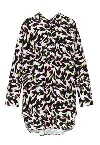 Pitkähihainen paita, jossa on rohkea musta, valkoinen ja vaaleanpunainen abstrakti kuosi vihreillä vivahteilla, valmistettu kevyestä kankaasta ja jossa on nappisuljenta.