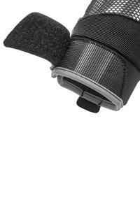Black wrist support featuring a textured mesh design, adjustable Velcro strap, and a grey accent trim. Constructed from flexible, breathable material.