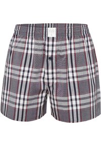Boxers à carreaux en gris, bleu marine et rouge, avec une ceinture élastique et une seule braguette à bouton. Fabriqués en tissu de coton léger.
