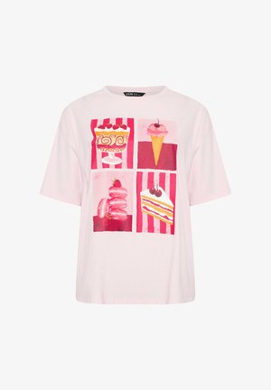 Light pink T-shirt with four square panels showing strawberry parfait, ice cream cone with cherry, stacked macarons with strawberries, and slice of layered cake.