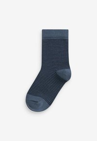 Dunkelblaue Baumwollsocke mit geripptem Bündchen und horizontalem Streifenmuster, softem Material sowie verstärktem Zehen- und Fersenbereich.