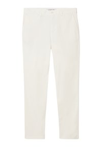 Chino bianchi in cotone con design a gamba dritta, dotati di tasche frontali e chiusura con bottone. Texture liscia, stile minimalista.