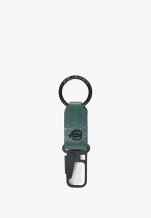Key ring with black metal ring engraved "Piquadro," attached to a green leather strap and a black metal clip hook.
