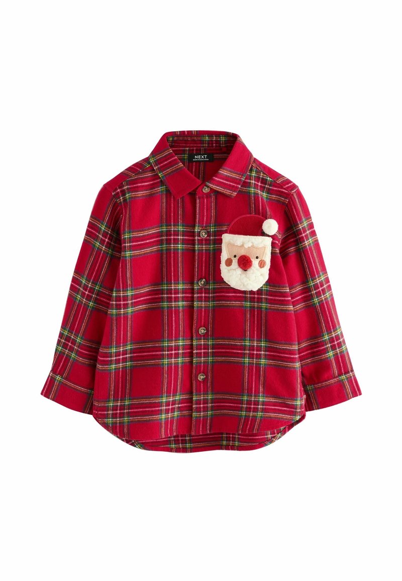 Chemise à manches longues à carreaux rouges avec boutonnière sur le devant et une décoration douce du visage du Père Noël sur la poche de poitrine.